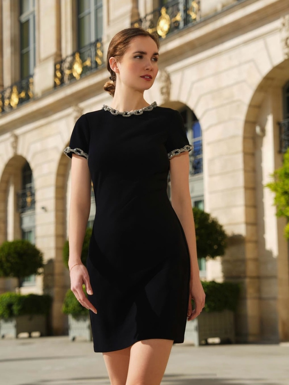 Emily Shalant Embellished Crepe Sheath Dress- size 12